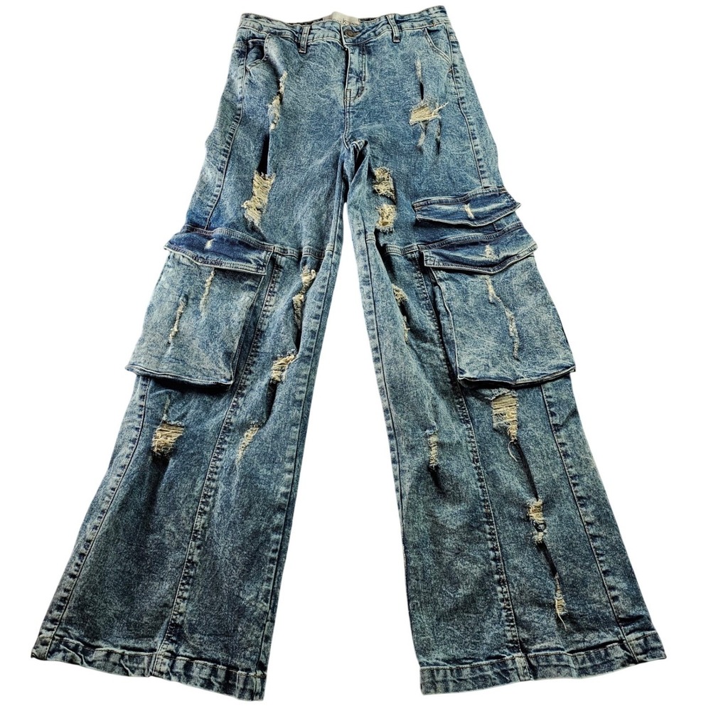 SPOON JEANS Distressed Women's Large Blue Cargo Jeans Wide Leg Hipster‎